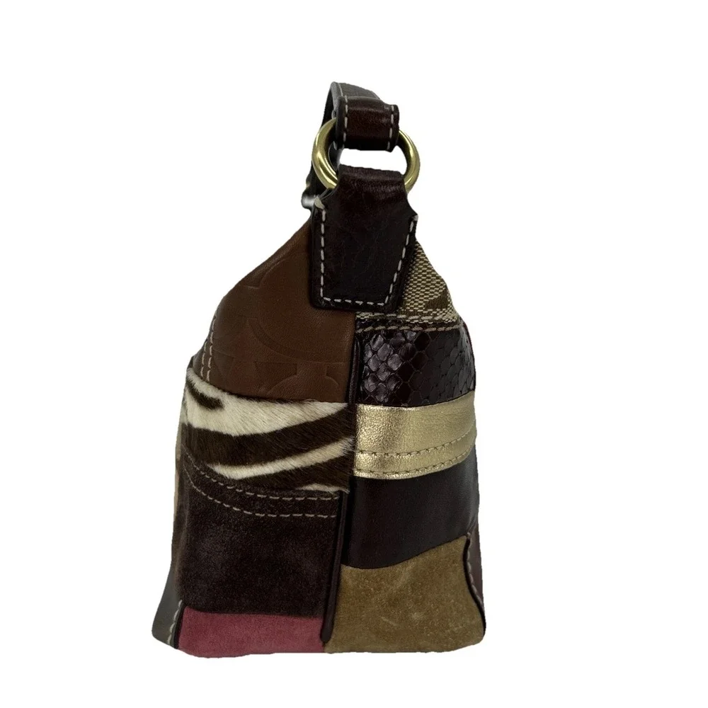 Coach Holiday Patchwork Small Hobo Bag Multi Leather Suede Jacquard Brown‎ Gold